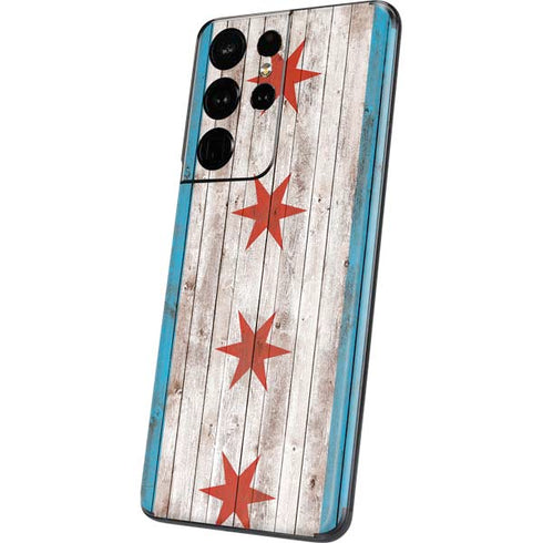 Chicago Flag Dark Wood Galaxy S21 Ultra 5G Skin